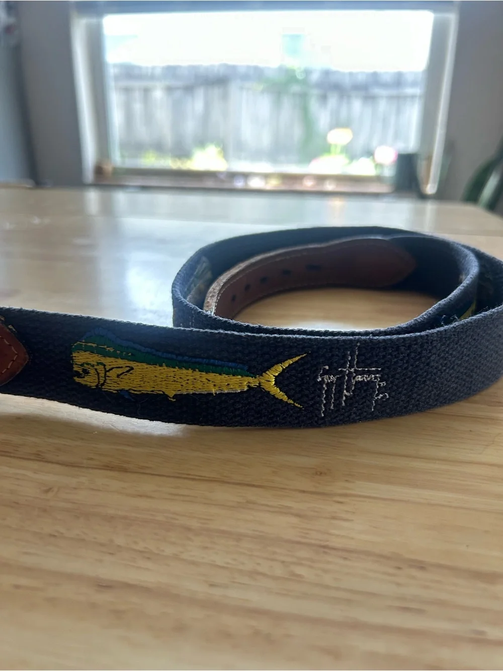 Guy Harvey Navy Web Belt with Mahi, Dolphin Fish Embroidery and Brown Leather